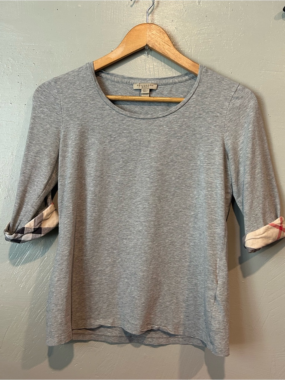 Burberry Brit Gray Cotton Long Sleeve Top with Check Cuff Detail